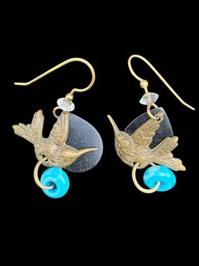 Gold Hummingbird Drop Earrings with Turquoise Accents
